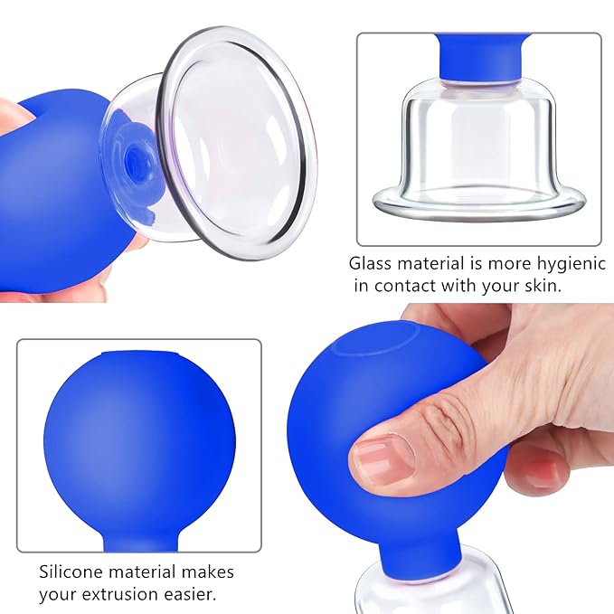 4 Size Facial Cupping Therapy Set Glass, Eye Face Vacuum Massage Anti Cellulite Cup - Silicone Cupping Massage Therapy, for Beauty Body Cup Fascia Massager(Softcover-Blue)