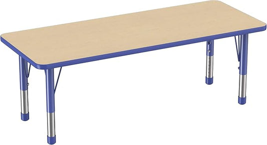 Factory Direct Partners FDP Rectangle Activity School and Classroom Kids Table (24 x 60 inch), Chunky Toddler Legs, Adjustable Height 15-24 inches - Maple Top and Blue Edge