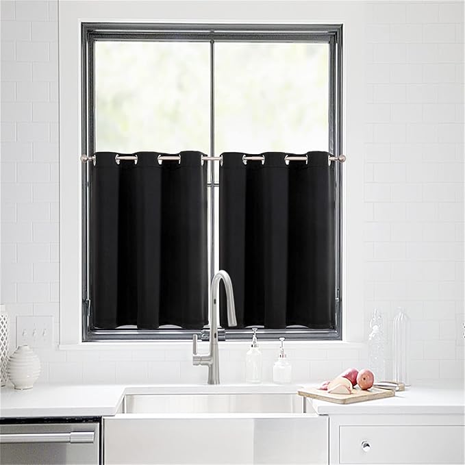 ChrisDowa Small Window Curtains for Kitchen and Bedroom - Grommet Short Thermal Insulated Room Darkening Curtains (2 Panels, Black, 52 x 36 Inch)