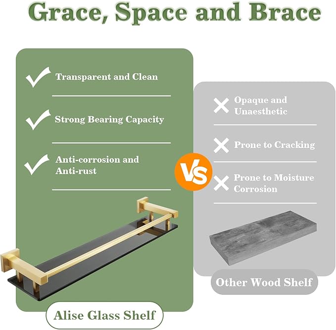 Alise Bathroom Glass Shelf with Stainless Steel Railing, Gold Small Tempered Glass Floating Wall Shelf Over The Toilet, 16 inch