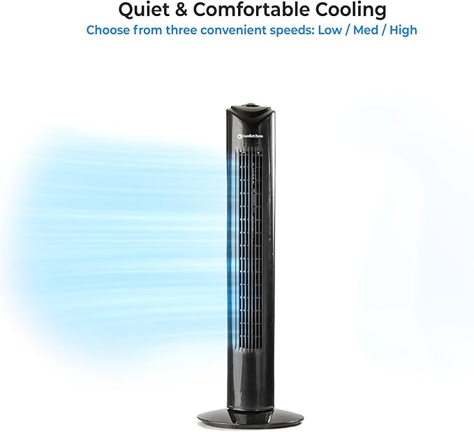 Comfort Zone 32-Inch Bladeless Tower Fan with 3 Speeds, 90° Oscillation, Portable Indoor Stand Fan with Built-In Carry Handle – Quiet Cooling for Bedroom, Black