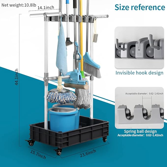 Broom And Mop Holder Put Wet Mops Movable Floor-Mounted Mop Rack Floor Standing Cleaning Tool Cart Storage For Garden Garage Schools, Hospitals, Factories, Hotels,Property Companies (12racks)