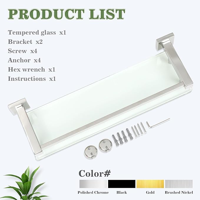 Alise Bathroom Glass Shelf with Stainless Steel Railing, Polished Chrome Small Tempered Glass Floating Wall Shelf Over The Toilet, 16 inch