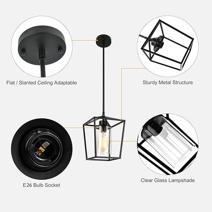 1-Light Black Pendant Light Fixture Farmhouse Iron Cage Metal Pendant Light Lantern Hanging Light Fixtures with Clear Glass Shade for Kitchen Island, Entryway, Dining Room, Hallway 5.9*5.9*8.27IN