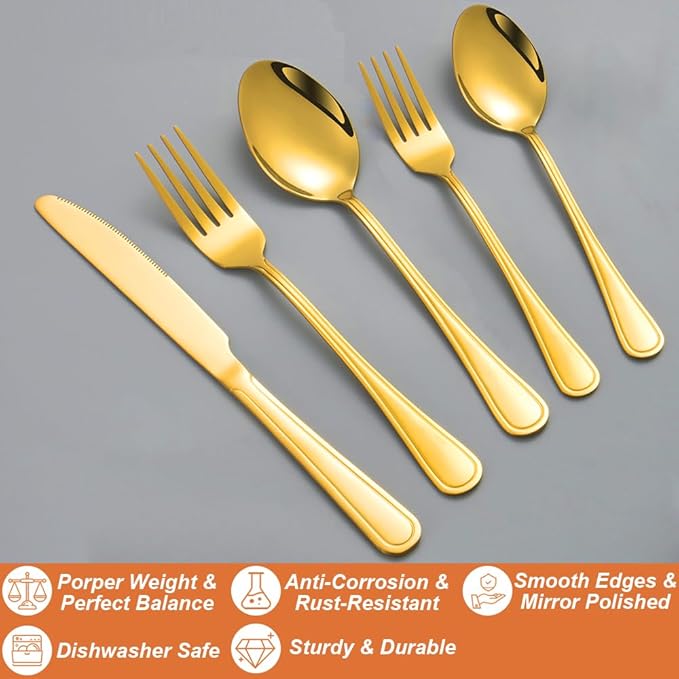 40 Pcs Gold Silverware Set for 8 with Simple Striped Handle Design, Food Grade Stainless Steel Flatware Set, Eating Utensils Sets Include Fork/Knife/Spoon, Cutlery Set, Dishwasher Safe