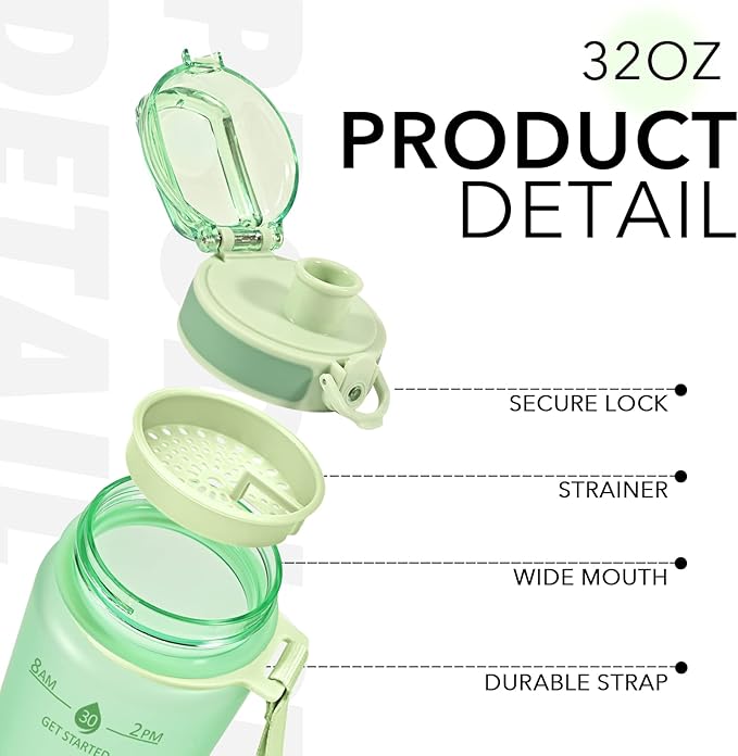 32oz Motivational Water Bottles with Time Marker & Fruit Strainer, Transparent Gradient Color Water Bottle with Times to Drink, Leakproof & BPA Free, Reusable Bottle with Strap (No Straw)