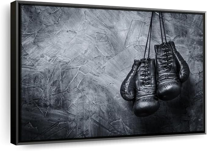 ElephantStock Boxing Gloves Wall Art - Horizontal Framed Canvas - 1-Piece Living Room Wall Decor - Photography Sports Canvas Print - Black and Gray Decor for Wall - 25" X 17"