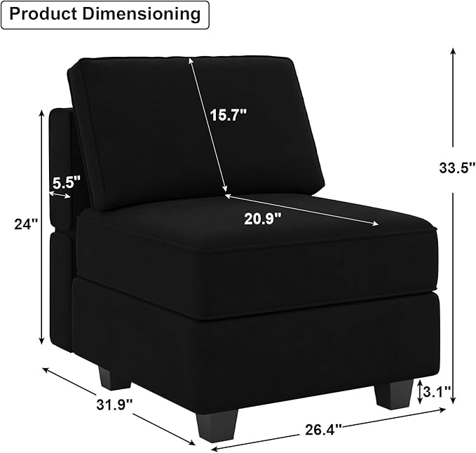 Belffin Modular Sofa Middle Module with Storage Accent Armless Chair for Modular Sectional Sofa Couch Velvet Black