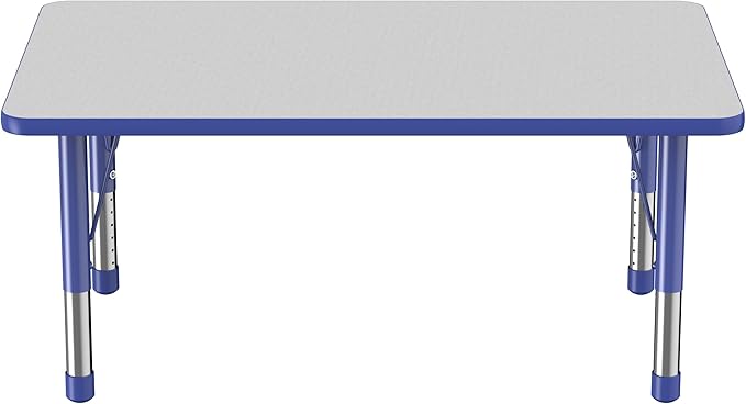 FDP Rectangle Activity School and Classroom Kids Table (30 x 48 inch), Chunky Toddler Legs, Adjustable Height 15-24 inches - Gray Top and Blue Edge