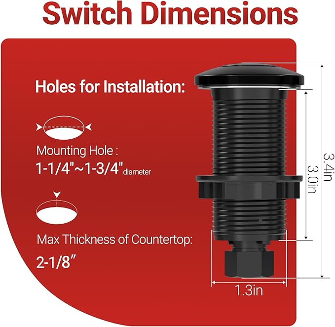 APIELE Garbage Disposal Air Switch Kit, Sink Top Push Button Switch for Food Waste Disposer, UL Listed 3.6" Long On/Off Air Button (Matte Black)