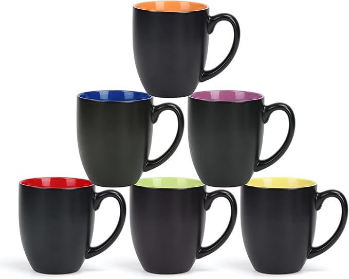 16 OZ Stoneware Coffee Mug Set of 6, Black Ceramic Mug with Different Color Inside, Colorful Porcelain Mug with Handle for Latte Espresso Cappuccino