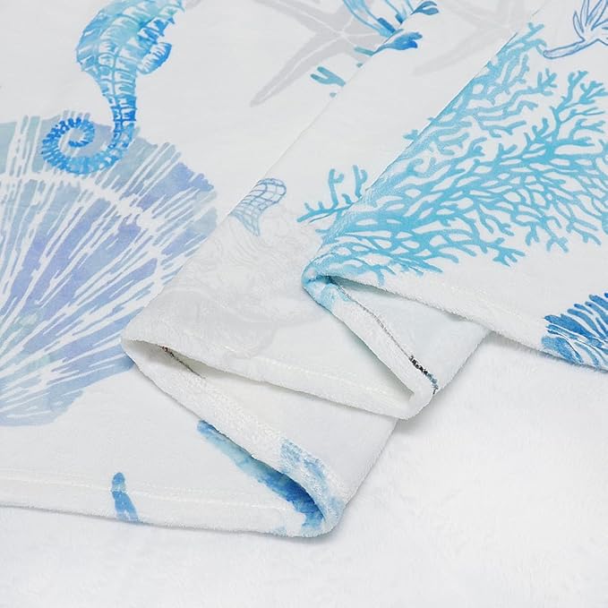 Blue Ocean Beach Throw Blanket Nautical Coastal Bed Blanket Starfish Seashell Coral Blankets Super Soft Flannel Fleece Throw Blanket for Couch Bed Decor “50 x60”