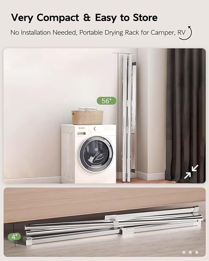 Clothes Drying Rack 95 Inches Folding Outdoor Indoor, Drying Rack Clothing Collapsible, Foldable Laundry Drying Rack, Heavy Duty Stainless Steel Clothesline, 20 Hooks 12 Clips