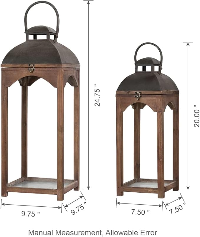 Glitzhome Set of 2 Mondern Farmhouse Wooden Lantern Hanging Decorative Candle Lanterns for Outdoor & Indoor Brown (No Glass)
