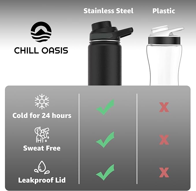 Chill Oasis Water Bottle | Compatible With Popular Flavor Cartridges | BPA Free, Leak Proof, Double-Walled Vacuum Insulated Stainless Steel, and Dishwasher Safe | Cold for 24 Hours (Black, 22oz)