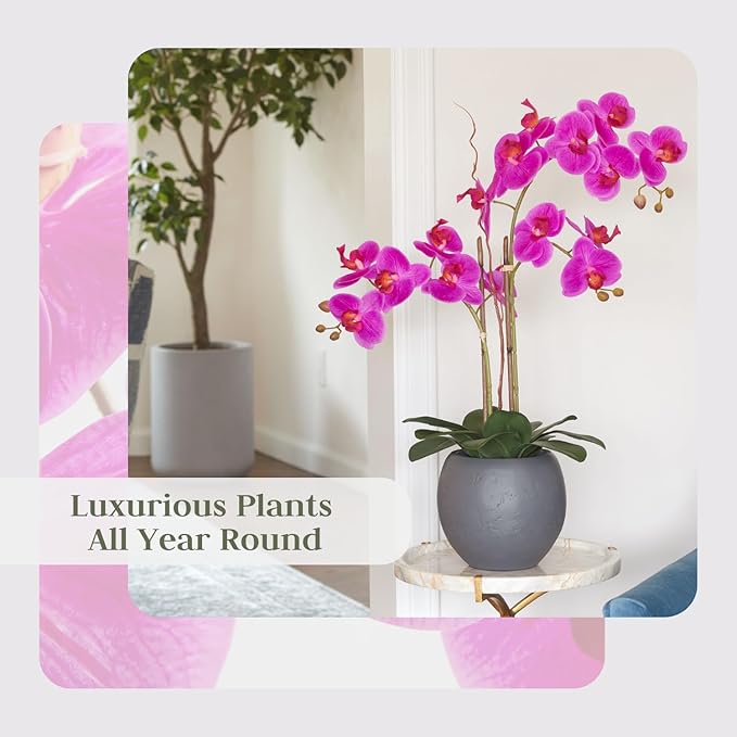Faux Pink Orchid Plant, Premium Artificial Indoor Flower Display Stands 25-Inches with Beautiful Sculptural Blooms and Foliage That Lasts Forever, Grey Planter Pot Included