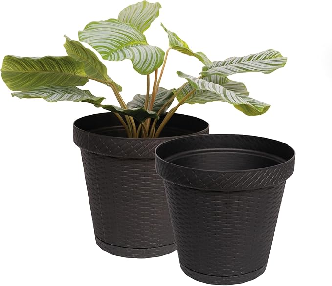 Elly Décor Set of 2 10 inch Round Saucer Modern Self Watering Planter Plates, Pots with Rattan-Like Finish, 10x10 Onix Gray
