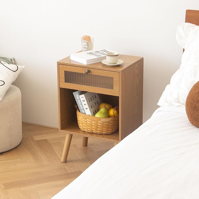 AWASEN Mid Century Nightstand, Bedside Table with Glass Storage Drawer and Large Open Shelf, Modern Night Stand Side End Table with Solid Legs for Bedroom, and Small Space, Brown