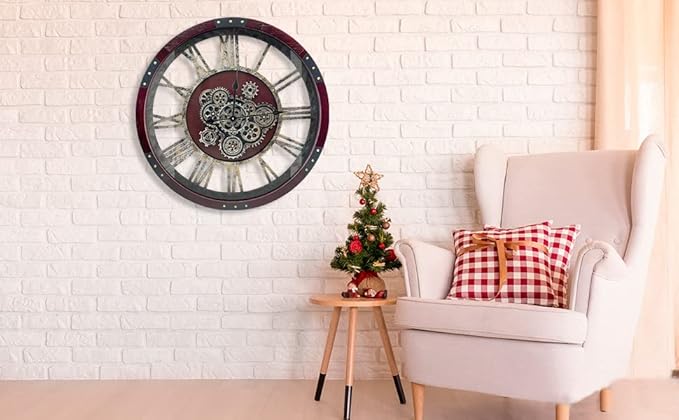 DORBOKER 24" Original Moving Gears Wall Clock, Large Industrial Wall Clock for Living Room Decor, Oversized Wood Vintage Farmhouse Steampunk Rustic Clocks for Wall Christmas Decor,Cherry Red