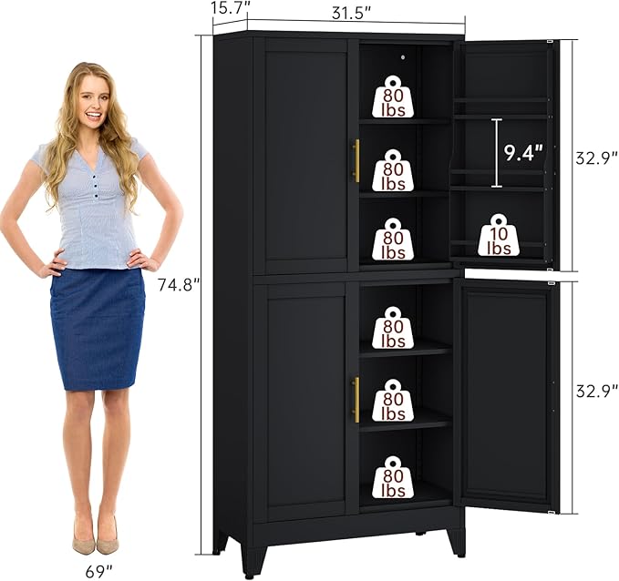 75" H Metal Storage Cabinet, Pantry with 6 Door Shelves and 4 Adjustable Shelves, Leveling Foot for Kitchen, Living Room and Dinning Room, Black