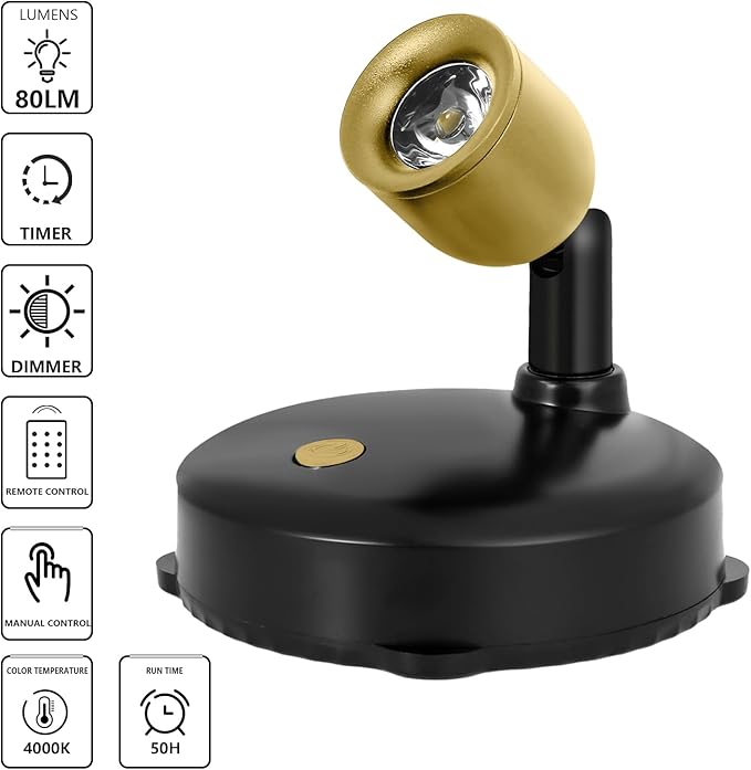 Cordless Spotlight Battery Powered, Dimmable Accent Up Light with Remote, Indoor LED Display Lighting for Picture Photo Dartboard Plant Tree Decor Painting Art Portrait