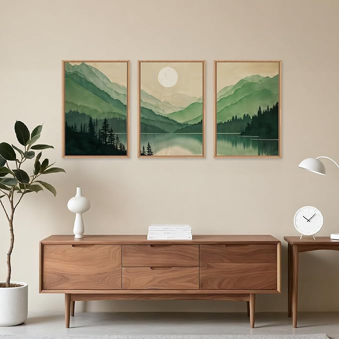Celestdeco Watercolor Mountains Framed Canvas Wall Art Set, Boho Sun Forests Wall Decor, Green Scenery Wall Painting, Modern Woodland Artworks for Living Room, Bedroom, Dining Room, Office - 16"x24"x3