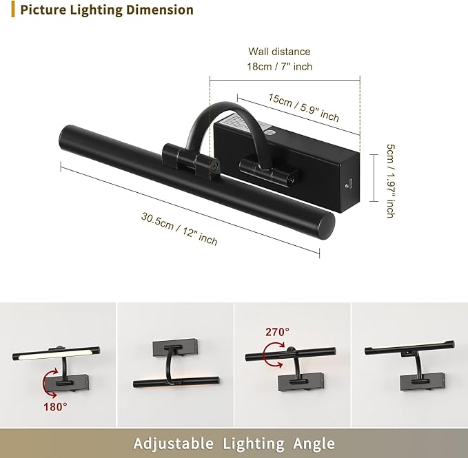 Battery Operated Picture Lights for Wall Black Art Light Wireless Gallery Lights with Timer and Remote 12 Inch 2W Warm White