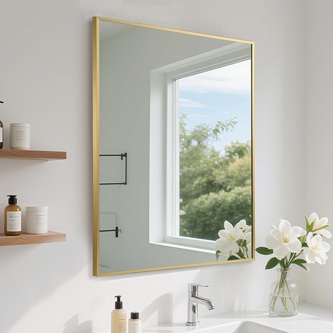 FARMER 16x24 Inch Gold Bathroom Mirror, Rectangle Wall Mounted Mirror, Vanity Mirror, Brushed Square Mirror, Framed Bathroom Mirror for Bedrooms, Entryways, Living Rooms, Horizontal/Vertical