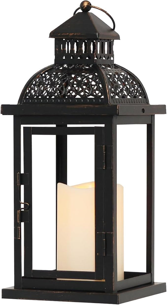 DECORKEY No Glass Lanterns Decorative Indoor & Outdoor, 15'' Candle Lantern Decorative Christmas Indoor Outdoor Decor, Vintage Metal Hanging Lanterns with LED Candle for Patio, Front Porch,Yard, Table