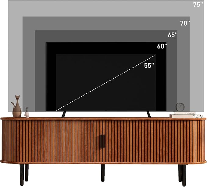 Bonzy Home 70" Mid Century Modern TV Stand, Tambour Entertainment Center with Storage, Long Media Console Television Stand with Metal Legs for up to 75'' TV, Walnut