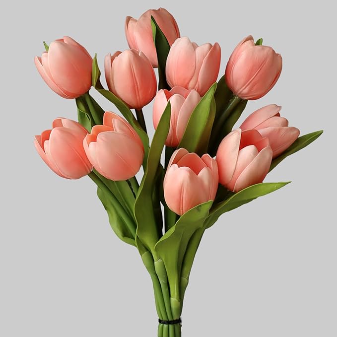 Buart Coral Pink Flowers Artificial Luxury Big Tulip Valentine's Day Mother's Day Easter Home Kitchen Wedding Decorations(11pcs)
