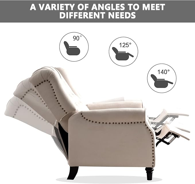 CANMOV Push Back Recliner Chair,Accent Chair,Mid Century Wingback Recliner, Fabric Push Back Recliner Chair Single Armchair Sofa with Rivet Decoration, Button-Tufted Back for Living Room, White