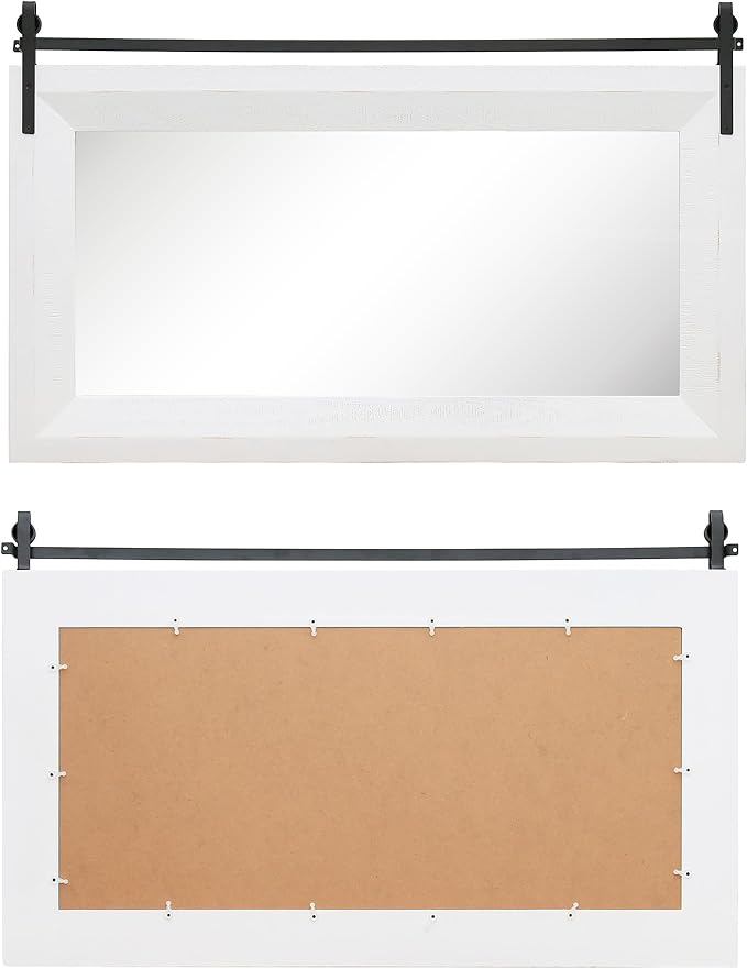 ALBAD Farmhouse Mirror for Wall Decor Wood Framed Bathroom Vanity Mirrors Vertical/Horizontal Hanging Barn Door Style Mirror for Living Room Bathroom Bedroom Entryway White