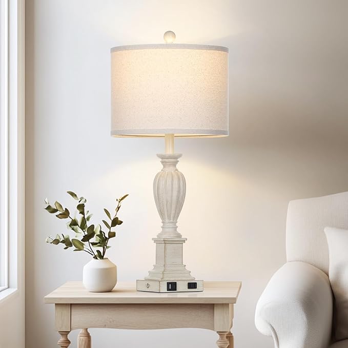 27" Farmhouse 3 Way Dimmable Touch Table Lamp Set of 2 Rustic Classic Bedside Nightstand Wood Lamps for Living Room Bedroom with USB C+A Ports Washed White (2 Bulbs Included)