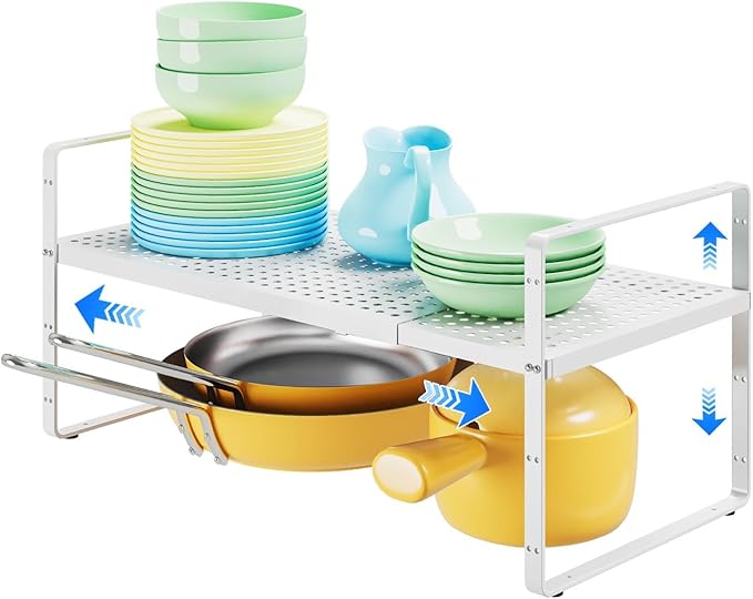 Expandable Cabinet Shelf Organizers, Kitchen Small Stand Rack Organization for Countertop Cupborad Pantry, White 1 Pack