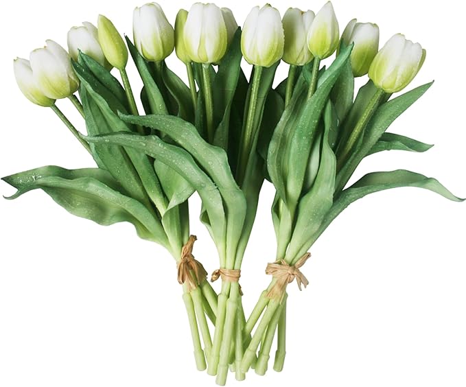 15pcs Artificial Tulips Flowers, Fake Tulips Real Touch, Faux Latex Bouquets, for Party Wedding Home Room Decoration (White)