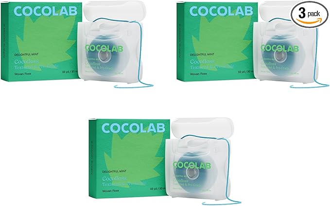 Cocofloss Woven Dental Floss, Dentist-Designed Oral Care, Mint, Waxed, Expanding, Vegan, Kid-Friendly String Floss with Coconut Oil, 3 Spools (33 yd Each)