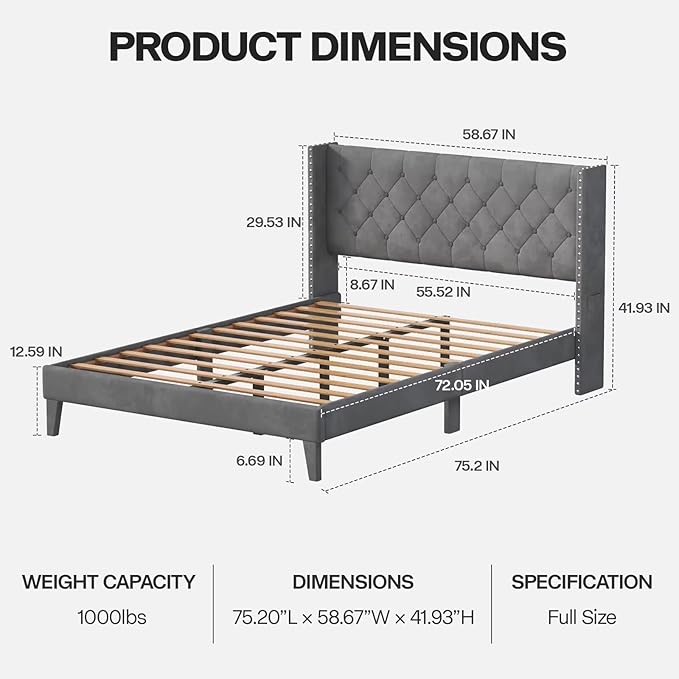 Full Size Bed Frame with LED Lights, Upholstered Bed Frame with Wingback Diamond Tufted Headboard, Wood Slats Support, Noise-Free, Easy Assembly, No Box Spring Needed, Grey