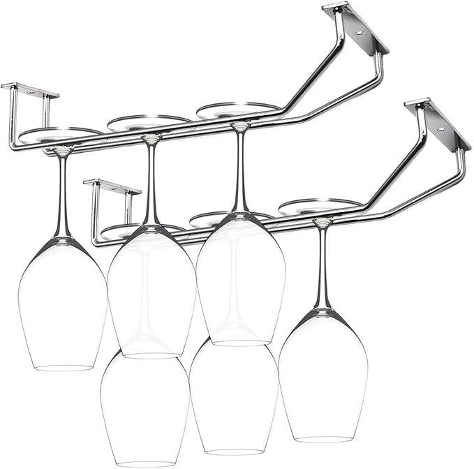 10.8 Inch Wine Glass Rack, Under Cabinet Wine Glass Holder, Wine Glass Hangers Under Shelf, Chrome Finish Stemware Rack, Hanging Stemware Holder for Cabinet Kitchen Bar, Set of 2