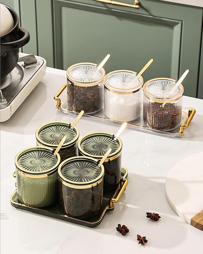 Acrylic Condiment Spice Jars,Condiment Spice Box With Lids and Spoons and Tray,Clear Plastic Condiment Canisters,Seasoning Box 4 Pack,Seasoning Box Set for Kitchen to Storage Salt,Paprika,Sugar