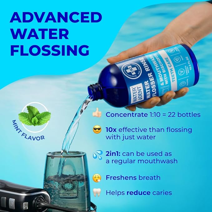 Concentrated Water flosser Rinse & Mouthwash | Add to Oral irrigator | Mint Flavor | When dilluted 186 fl.oz | Alcohol and Fluoride Free. Made in USA | Pack of 1 = 16.9 fl.oz WATER DENT