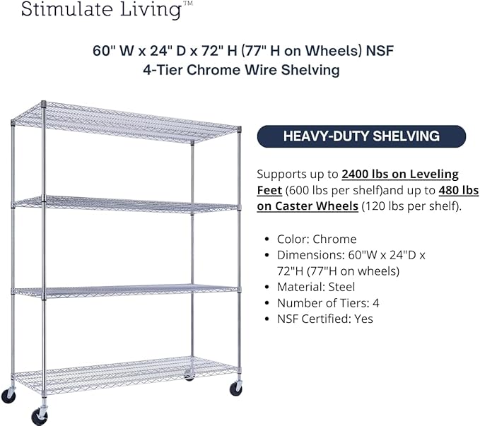 60"x24"x72" PRIME HEAVY DUTY Chrome 4-Tier Wire Shelving NSF 2400 LBS MAX Capacity Storage Rack for Commercial, School, Home, Garage, Warehouse, Industrial, and Hospital Uses (with Wheels)