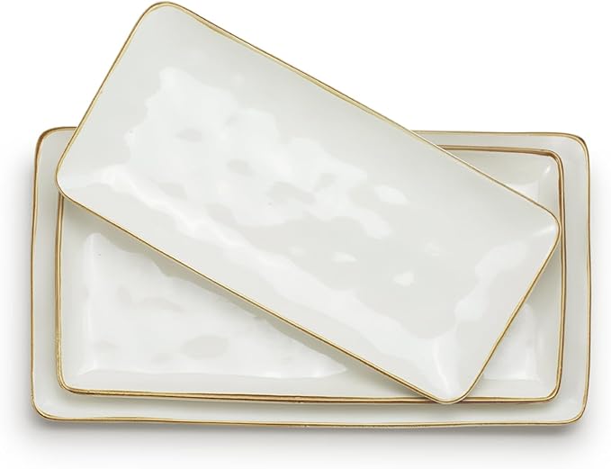 famiware Serving Platter, Rectangular 15.67/14.1/12.6inch Serving Dishes for Entertaining, Microwave Dishwasher Safe, Stoneware Serving Trays for Party, Turkey, Cheese, Ocean Series, Vanilla White