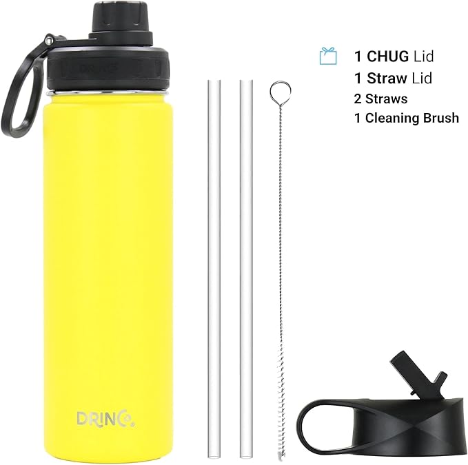 DRINCO Stainless Steel Water Bottle Spout Lid Vacuum Insulated Double Wall Water Bottle Wide Mouth (40oz 32oz 22oz 18oz 14oz) Leak Proof Keeps Cold or Hot (22 oz, 22oz Illuminating Yellow)