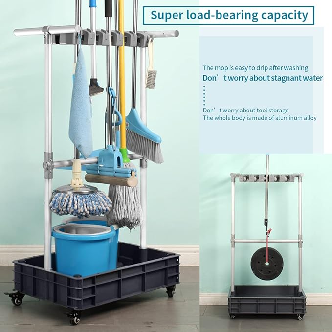 Broom And Mop Holder Put Wet Mops Movable Floor-Mounted Mop Rack Floor Standing Cleaning Tool Cart Storage For Garden Garage Schools, Hospitals, Factories, Hotels,Property Companies (12racks)