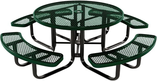 Coated Outdoor Furniture Heavy-Duty Portable Outdoor Kids Table with Umbrella Hole, Expanded Metal Kids Picnic Table, Commercial-Grade, Made in America (46 In, Round, Childrens, Green)