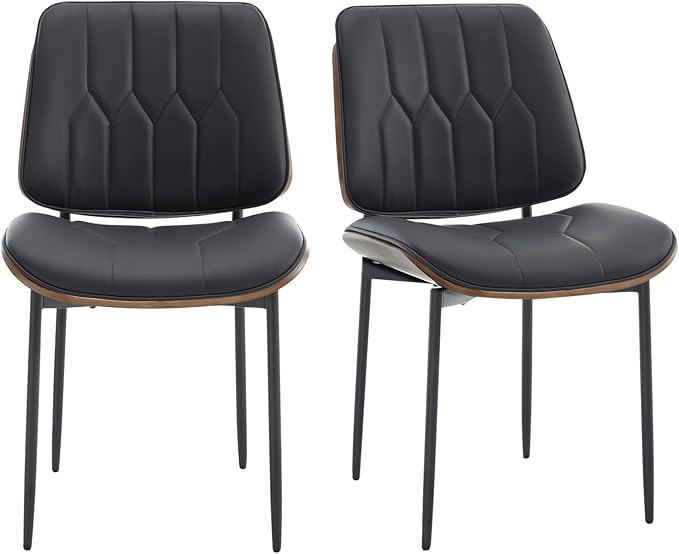 BV Mid Century Modern Dining Chairs Set of 2, Upholstered Pu Leather Accent Chair with Walnut Bentwood Back, Armless Kitchen Chair for Dining Room, Living Room, Kitchen, Black