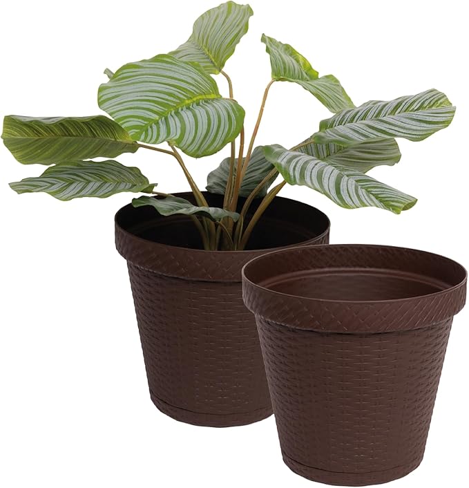 Elly Décor Set of 2 10 inch Round Saucer Modern Self Watering Planter Plates, Pots with Rattan-Like Finish, 10x10 chococlate Brown
