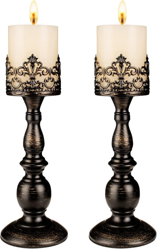 Candle Holders for Pillar Candles Gothic Matte Black Vintage Tall Candle Holders Set of 2 Decorative Large Table Centerpieces Candle Stand Decor (Distressed Black 2PCS A)