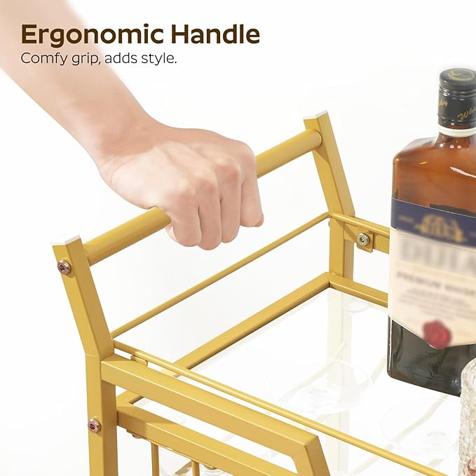 Bar Cart, 3-Tier Bar Cart for The Home, Home Bar Serving Cart with Glass Holders, Beverage Cart for Kitchen, Dining, Party Room, Gold BC03GD